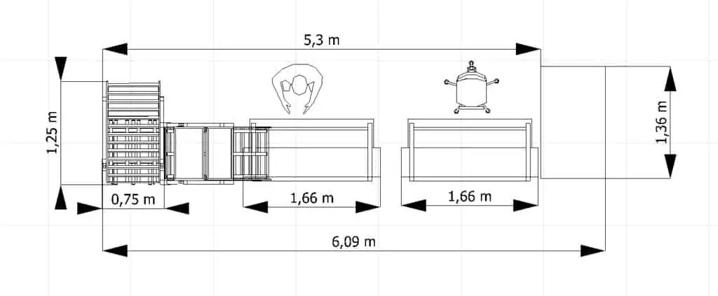 2D-Layout einer Montagelinie mit Vermaßung in visTABLE®touch