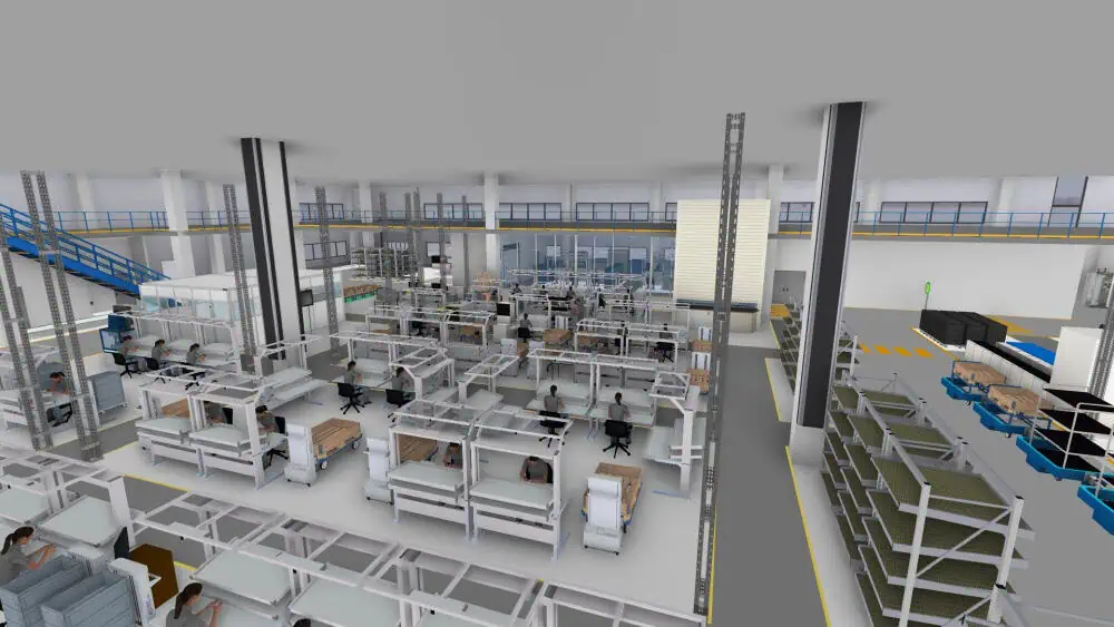 3D layout in visTABLE® – detail from the control valve production area with planned risers for the energy supply (source: SAMSON AG)
