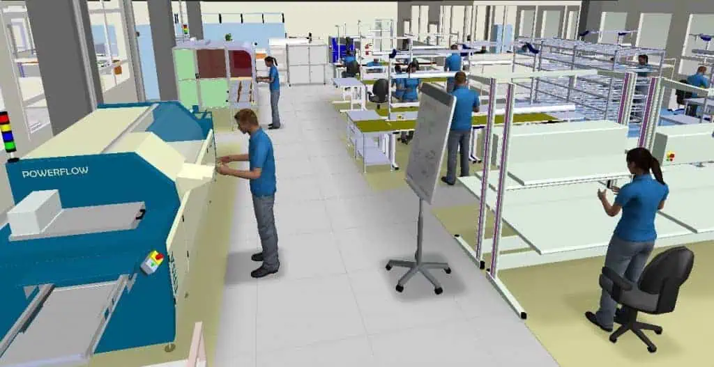 Vue 3D d'un atelier de production optimisé avec le logiciel visTABLE®, montrant des opérateurs travaillant sur des machines et des postes d'assemblage dans un environnement lean.