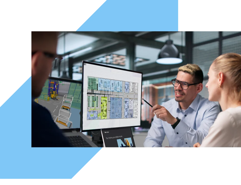2 men and a woman looking at monitors showing a 2D factory layout and a 3D warehouse scene in visTable