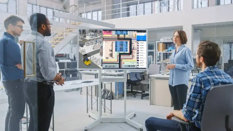 Teamplanung am 3D Fabriklayout auf einem Touchdisplay mit der Software visTABLE®touch