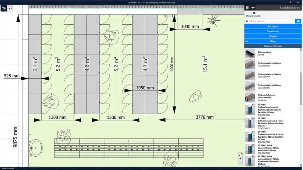 Grundrissplanung von Umkleideräumen in einer Fabrik mit visTABLE®