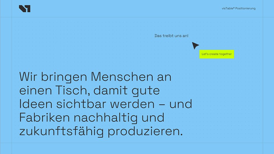 visTable Positionierung: Wir bringen Menschen an einen Tisch, damit gute Ideen sichtbar werden – und Fabriken nachhaltig und zukunftsfähig produzieren.