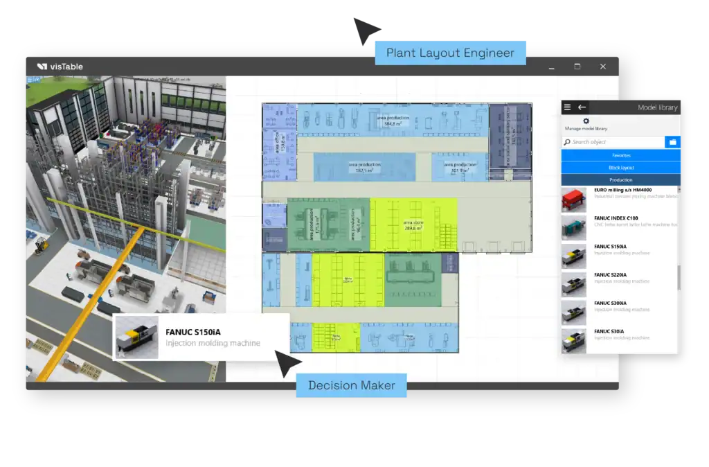 Screenshot of the visTable® software. It show 2D layout and a virtual 3D view. Two mouse pointers meming the collaboration of two users. A plant layout engineer and a decision maker.