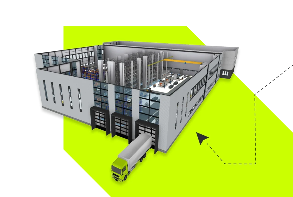 3D cutaway view of a factory with high-bay warehouse, loading docks, and a delivery truck approaching the building