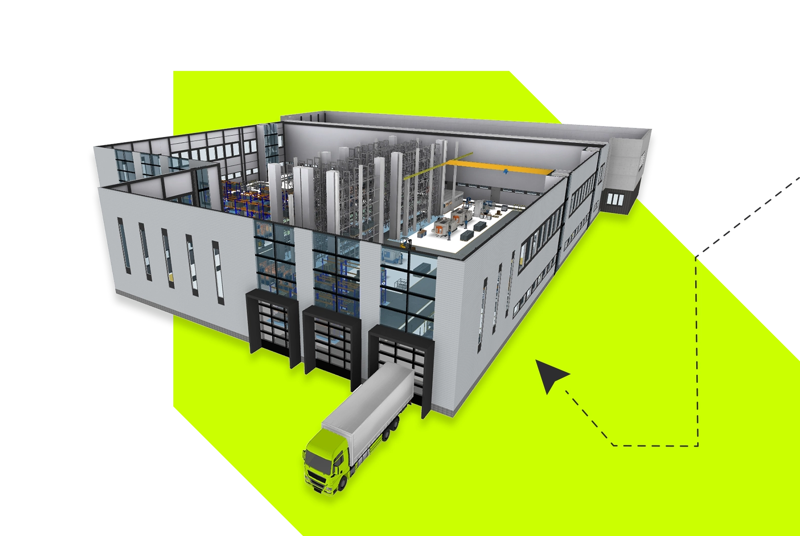 3D cutaway view of a factory with high-bay warehouse, loading docks, and a delivery truck approaching the building