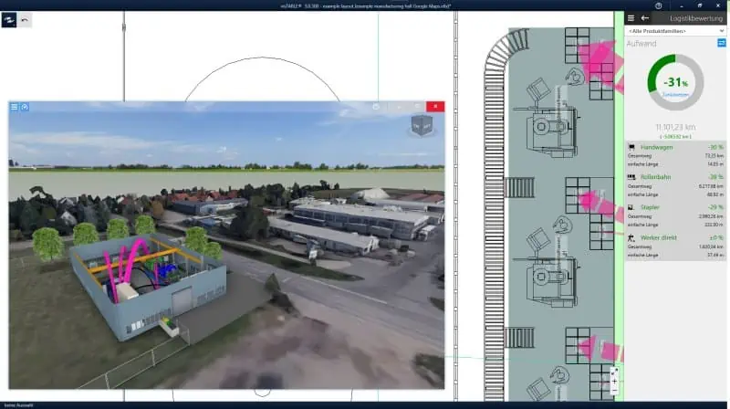 Beispiel für ein gemischtes Layout mit einer Google Maps 3D-Referenz und einem fiktiven Fabriklayout