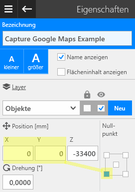 Eigenschaftendialog zur Positionierung der Google Maps 3D Referenz in visTABLE®
