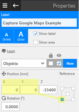 positioning dialog in visTABLE for a Google Maps 3D model capture example