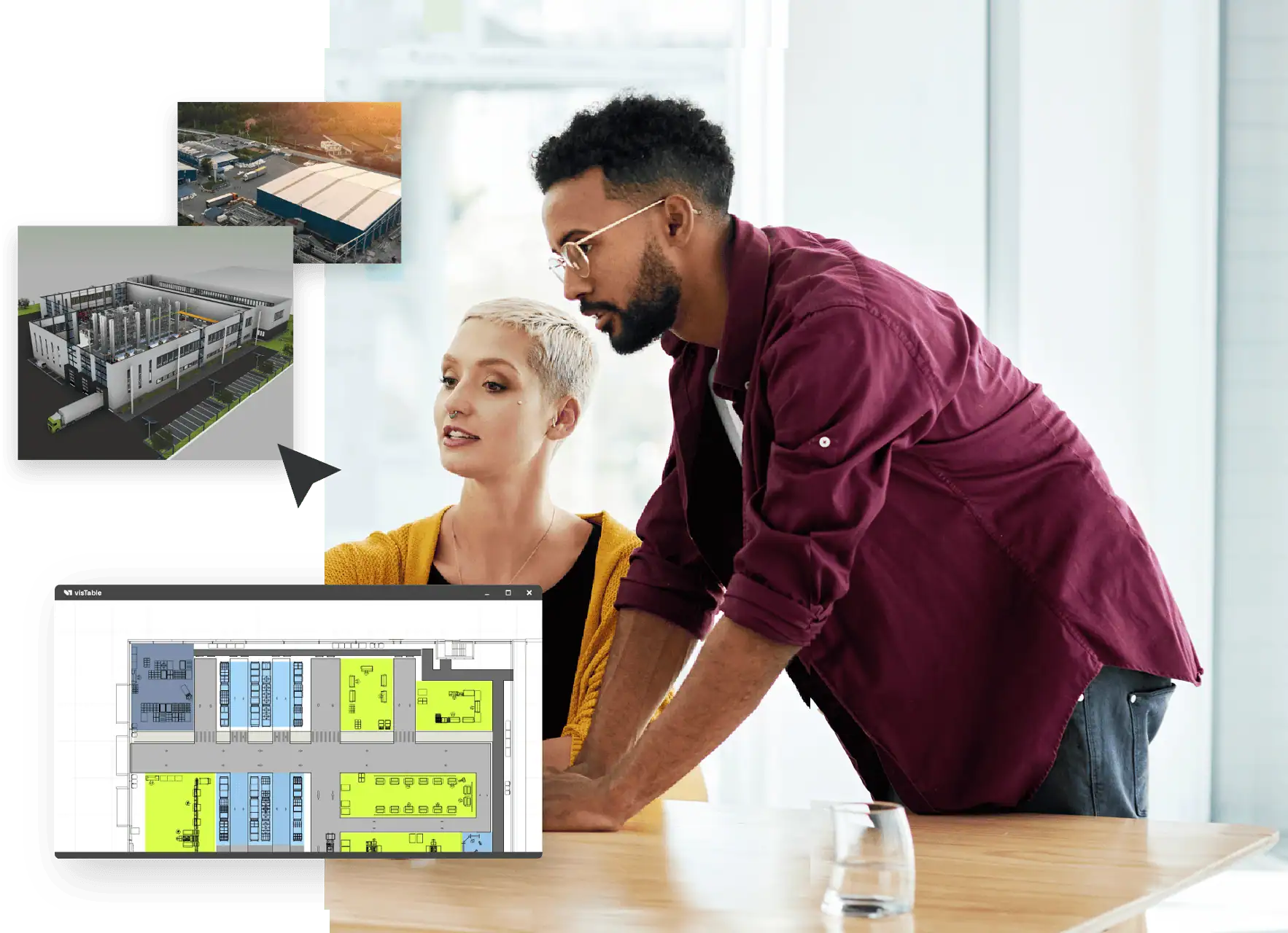 a woman and a man are at a table and look at different images that are related to visTable