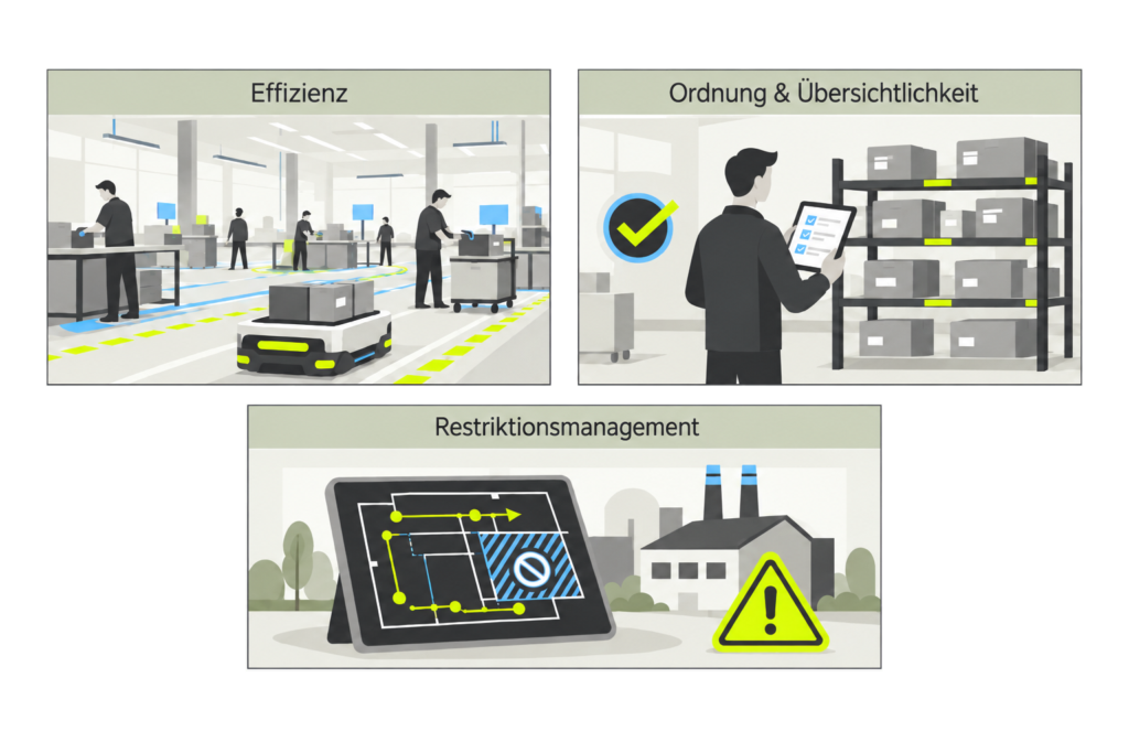 Illustration der Bereiche Effizienz, Ordnung und Übersichtlichkeit und Restriktionsmanagement. Zu sehen sind ein fahrerloses Transportsystem, eine Person vor einem Lagerregal sowie ein Layout mit eingezeichneten Fluchtwegen.